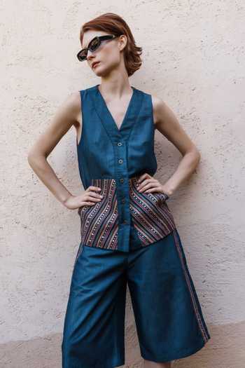 Shop_Shruti Sancheti_Blue Denim Embroidery V-neck Waistcoat And Shorts Set _Online_at_Aza_Fashions