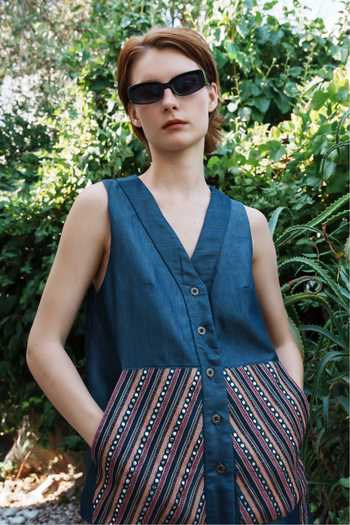 Shruti Sancheti_Blue Denim Embroidery V-neck Waistcoat And Shorts Set _at_Aza_Fashions