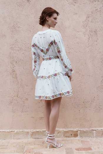 Shop_Shruti Sancheti_White Embroidery Keyhole Neck Floral Tiered Short Dress With Belt _Online_at_Aza_Fashions