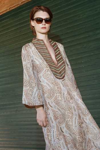 Shruti Sancheti_Beige Viscose Embroidery, Beads Split V-neck Paisley Kaftan _Online_at_Aza_Fashions