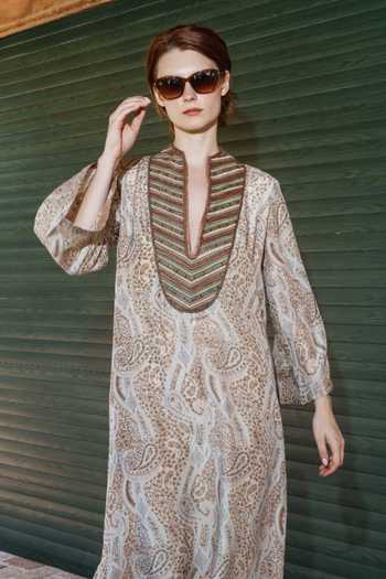 Shop_Shruti Sancheti_Beige Viscose Embroidery, Beads Split V-neck Paisley Kaftan _Online_at_Aza_Fashions