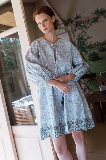 Buy_Shruti Sancheti_Green Poplin Embroidery, Tassels Keyhole Neck And Printed Dress _Online_at_Aza_Fashions