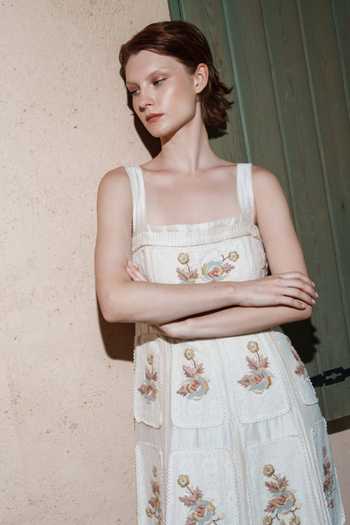 Shruti Sancheti_Ivory Chanderi Embroidery, Lace, Applique Square Neck Maxi Dress _Online_at_Aza_Fashions