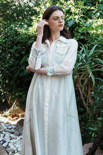 Buy_Shruti Sancheti_Blue Chanderi, Satin Embroidery Collared Shirt Dress _Online_at_Aza_Fashions