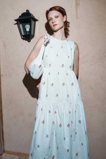 Buy_Shruti Sancheti_White Poplin Embroidery Round Neck Floral Dress _Online_at_Aza_Fashions