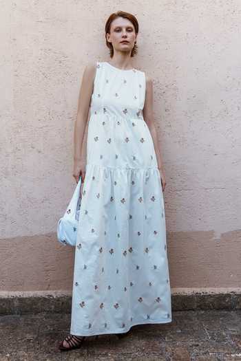 Shop_Shruti Sancheti_White Poplin Embroidery Round Neck Floral Dress _Online_at_Aza_Fashions