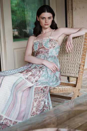 Shruti Sancheti_Beige Sweetheart Neck Gathered Printed Dress _Online_at_Aza_Fashions