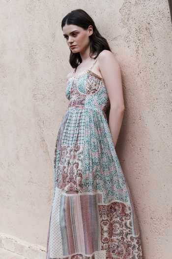 Buy_Shruti Sancheti_Beige Sweetheart Neck Gathered Printed Dress _Online_at_Aza_Fashions