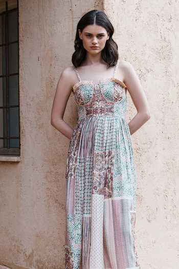 Shruti Sancheti_Beige Sweetheart Neck Gathered Printed Dress _at_Aza_Fashions