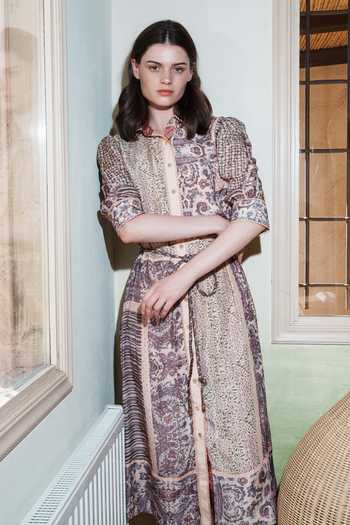 Shruti Sancheti_Pink Collared Printed Dress With Belt _Online_at_Aza_Fashions