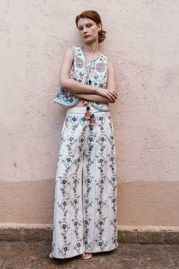 Shop_Shruti Sancheti_White Viscose Embroidery, Tassels Round Neck Waistcoat And Pant Set _Online_at_Aza_Fashions
