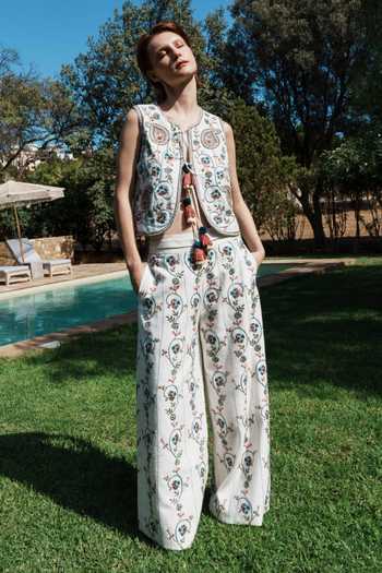 Shruti Sancheti_White Viscose Embroidery, Tassels Round Neck Waistcoat And Pant Set _at_Aza_Fashions