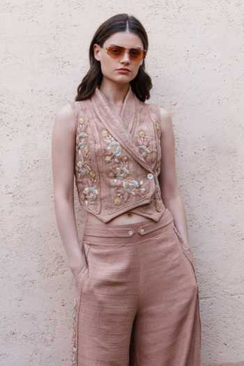 Shruti Sancheti_Beige Viscose Embroidery Shawl Neck Waistcoat And Pant Set _Online_at_Aza_Fashions