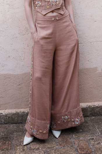 Buy_Shruti Sancheti_Beige Viscose Embroidery Shawl Neck Waistcoat And Pant Set _Online_at_Aza_Fashions