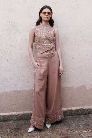 Shop_Shruti Sancheti_Beige Viscose Embroidery Shawl Neck Waistcoat And Pant Set _Online_at_Aza_Fashions