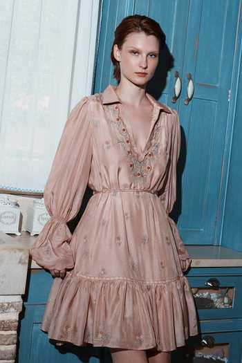 Shruti Sancheti_Beige Embroidery V-neck Short Dress With Belt _Online_at_Aza_Fashions