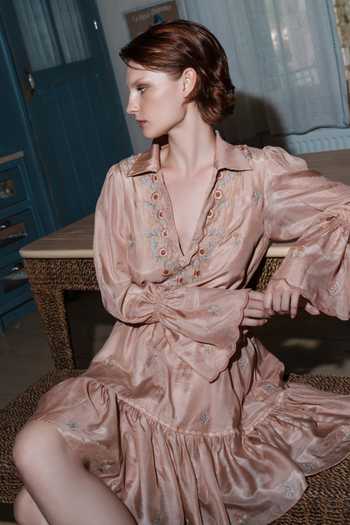 Buy_Shruti Sancheti_Beige Embroidery V-neck Short Dress With Belt _Online_at_Aza_Fashions