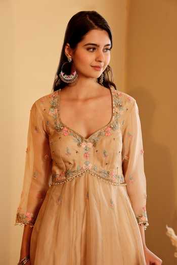 Buy_Sonali Methi_Beige Organza Embroidery Leaf Neck Pure Hand Anarkali Set _Online_at_Aza_Fashions