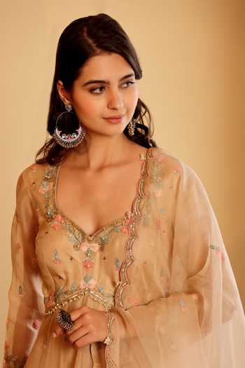 Shop_Sonali Methi_Beige Organza Embroidery Leaf Neck Pure Hand Anarkali Set _Online_at_Aza_Fashions