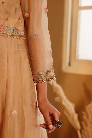 Buy_Sonali Methi_Beige Organza Embroidery Leaf Neck Pure Hand Anarkali Set 