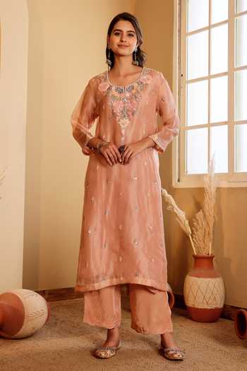 Buy_Sonali Methi_Pink Organza Embroidery Scoop Neck Pure Hand Kurta Set _Online_at_Aza_Fashions