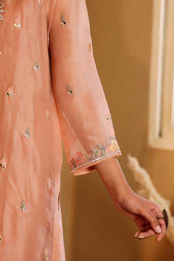 Shop_Sonali Methi_Pink Organza Embroidery Scoop Neck Pure Hand Kurta Set _Online_at_Aza_Fashions