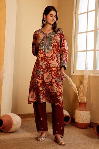 Shop_Sonali Methi_Red Satin Embroidery Round Neck Ajrakh Print And Kurta Set _Online_at_Aza_Fashions