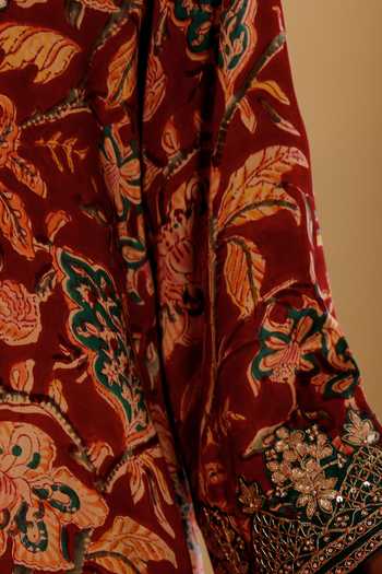 Buy_Sonali Methi_Red Satin Embroidery Round Neck Ajrakh Print And Kurta Set 