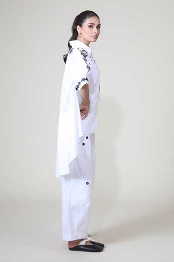 Bunka_Black Cotton, Poplin Embroidery Collared Placed Kaftan _Online_at_Aza_Fashions