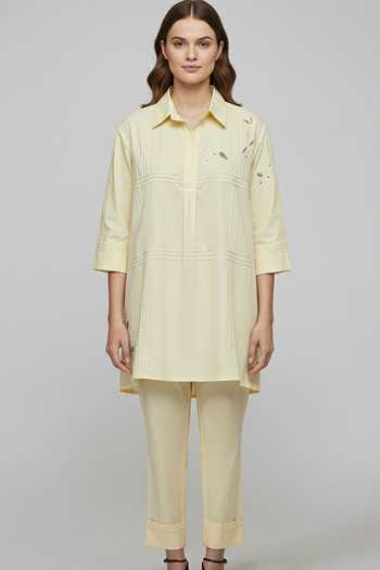 Bunka_Yellow Cotton, Poplin Embroidery, Cut Work Collared Neela Shirt _Online_at_Aza_Fashions