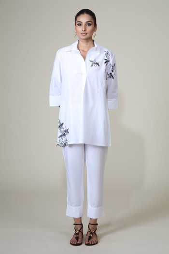 Bunka_White Cotton, Poplin Embroidery Collared Neela Placed Shirt _Online_at_Aza_Fashions