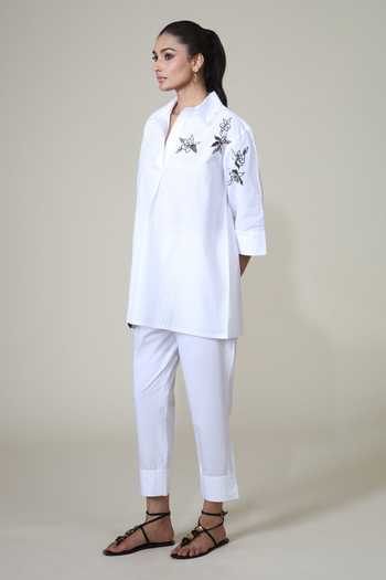 Buy_Bunka_White Cotton, Poplin Embroidery Collared Neela Placed Shirt _Online_at_Aza_Fashions