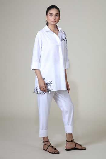 Shop_Bunka_White Cotton, Poplin Embroidery Collared Neela Placed Shirt _Online_at_Aza_Fashions