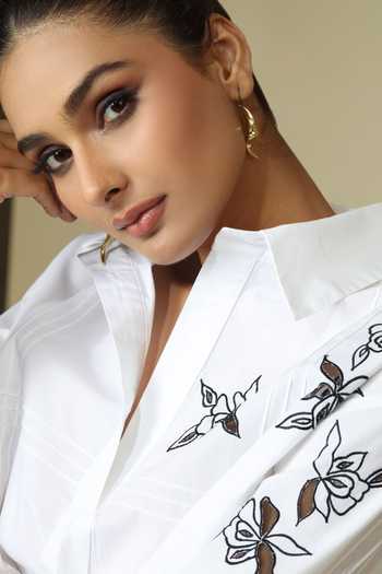 Bunka_White Cotton, Poplin Embroidery Collared Neela Placed Shirt _at_Aza_Fashions