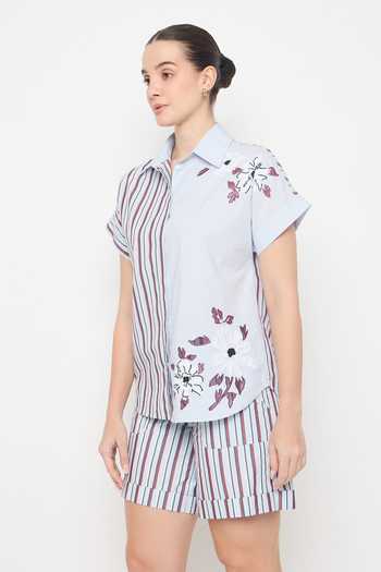 Bunka_Blue Cotton, Poplin Embroidery Collared Melisa Striped Shirt _Online_at_Aza_Fashions