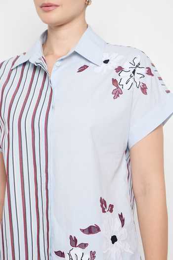 Buy_Bunka_Blue Cotton, Poplin Embroidery Collared Melisa Striped Shirt _Online_at_Aza_Fashions