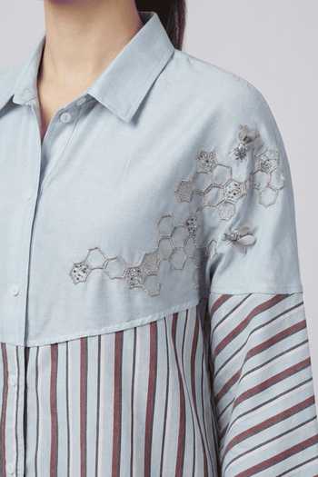 Bunka_Blue Chanderi, Poplin Embroidery Collared Emma Placement Striped Shirt _Online_at_Aza_Fashions