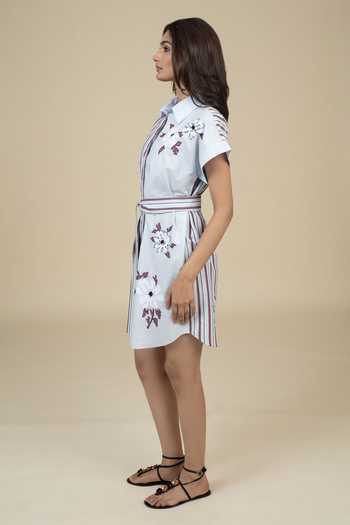 Bunka_Blue Cotton, Poplin Embroidery Collared Mellisa Striped Dress _Online_at_Aza_Fashions