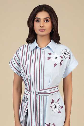 Buy_Bunka_Blue Cotton, Poplin Embroidery Collared Mellisa Striped Dress _Online_at_Aza_Fashions