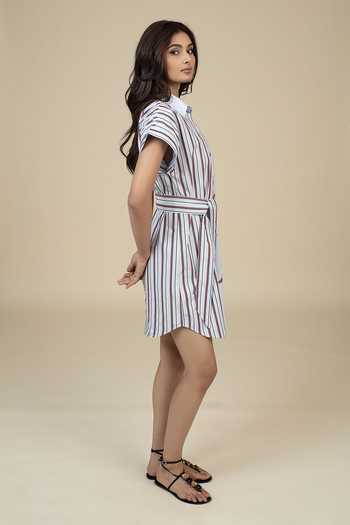 Bunka_Blue Cotton, Poplin Embroidery Collared Mellisa Striped Dress _at_Aza_Fashions