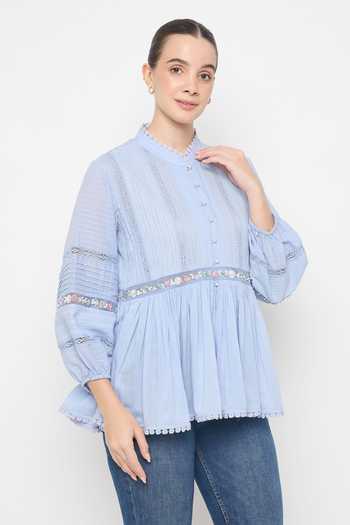 Buy Bunka Blue Cotton, Voile Embroidery Mandarin Collar Ira Placed Top at Aza Fashions Buy_Bunka_Blue Cotton, Voile Embroidery Mandarin Collar Ira Placed Top_at_Aza_Fashions