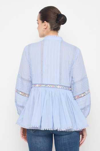 Shop Bunka Blue Cotton, Voile Embroidery Mandarin Collar Ira Placed Top at Aza Fashions Shop_Bunka_Blue Cotton, Voile Embroidery Mandarin Collar Ira Placed Top_at_Aza_Fashions