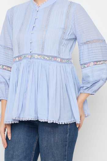 Bunka Blue Cotton, Voile Embroidery Mandarin Collar Ira Placed Top Online at Aza Fashions Bunka_Blue Cotton, Voile Embroidery Mandarin Collar Ira Placed Top_Online_at_Aza_Fashions