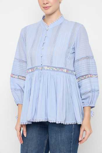 Buy Bunka Blue Cotton, Voile Embroidery Mandarin Collar Ira Placed Top Online at Aza Fashions Buy_Bunka_Blue Cotton, Voile Embroidery Mandarin Collar Ira Placed Top_Online_at_Aza_Fashions