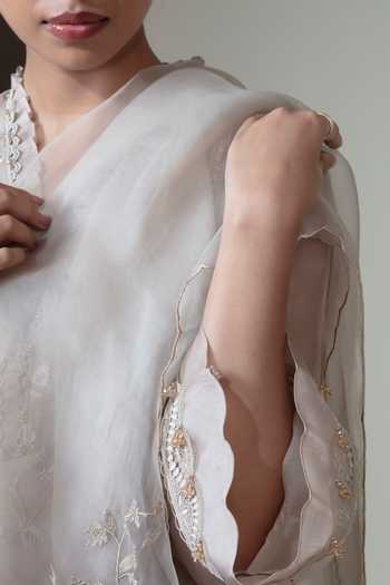 Buy_Bunka_Grey Organza Embroidery V-neck, Yes Farida Kurta Set _Online_at_Aza_Fashions