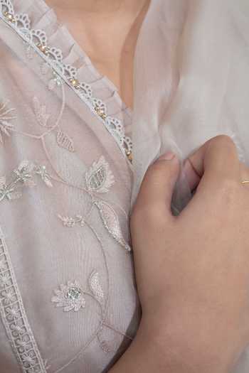 Bunka_Grey Organza Embroidery V-neck, Yes Farida Kurta Set _at_Aza_Fashions