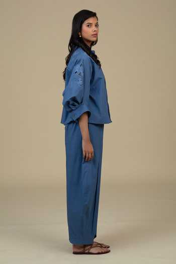 Bunka_Blue Cotton, Poplin Embroidery Mandarin Collar Ann Yoke Shirt _Online_at_Aza_Fashions
