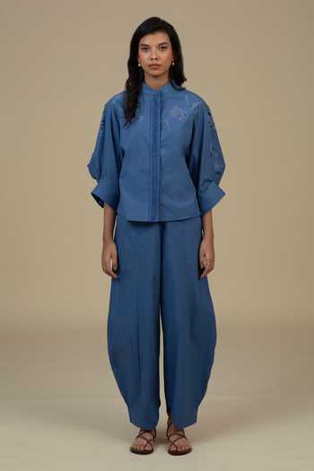 Buy_Bunka_Blue Cotton, Poplin Embroidery Mandarin Collar Ann Yoke Shirt _Online_at_Aza_Fashions