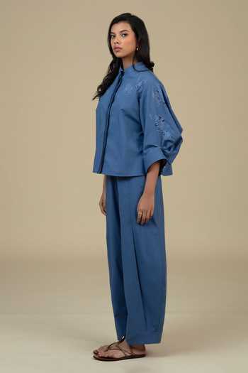 Shop_Bunka_Blue Cotton, Poplin Embroidery Mandarin Collar Ann Yoke Shirt _Online_at_Aza_Fashions