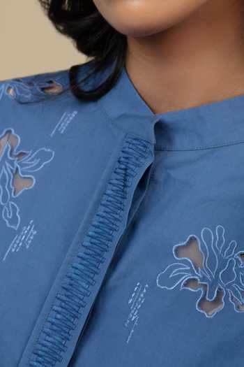 Buy_Bunka_Blue Cotton, Poplin Embroidery Mandarin Collar Ann Yoke Shirt 